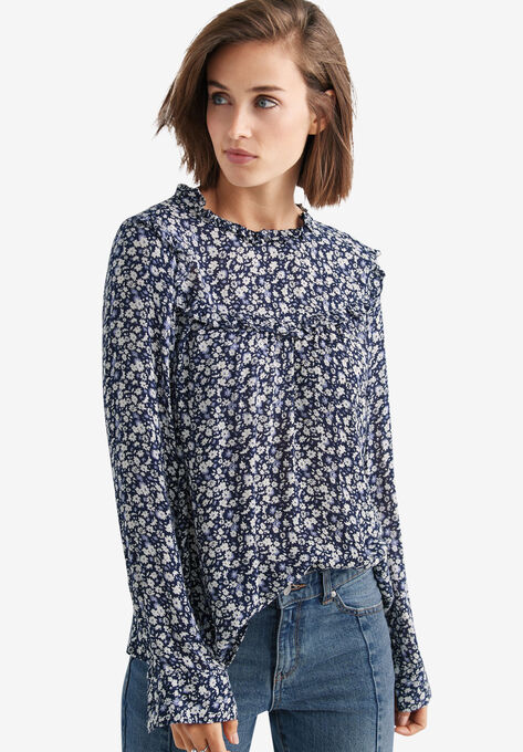 Ruffle-Trim Crinkle Blouse, NAVY DITSY FLORAL, hi-res image number null