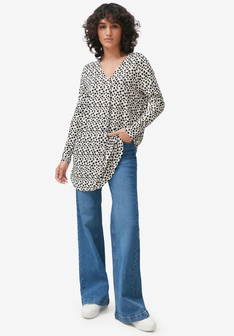 V-Neck Inverted Pleat Tunic, IVORY BLACK FLORAL, hi-res image number null