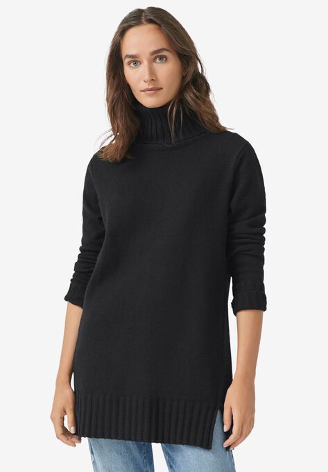 Ribbed Turtleneck Tunic Sweater, BLACK, hi-res image number null