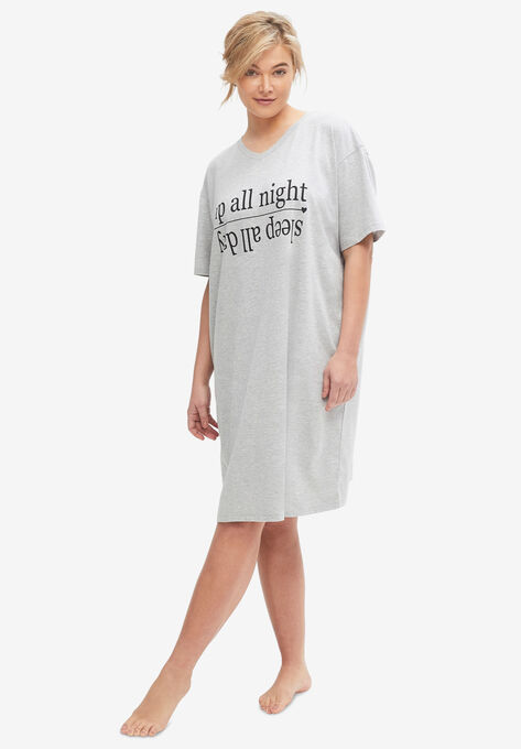 V-Neck Sleep Shirt, HEATHER GREY GRAPHIC, hi-res image number null