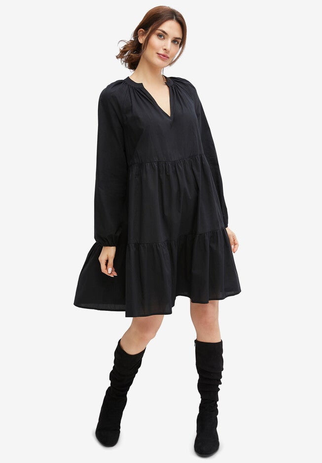V-Notch Tiered Dress, BLACK, hi-res image number 0