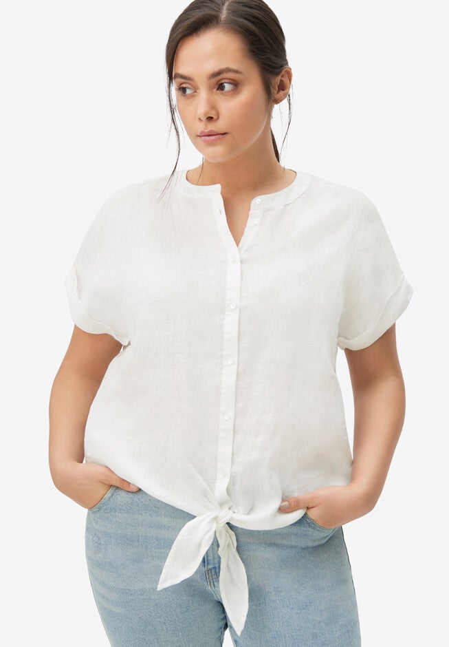 Linen-Blend Tie-Front Blouse, , alternate image number null