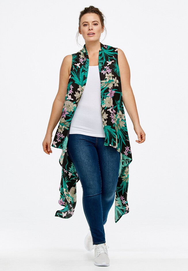 Printed Open Front Duster Vest, BLACK FLORAL, hi-res image number 0