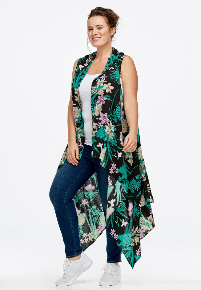 Printed Open Front Duster Vest, , alternate image number 1