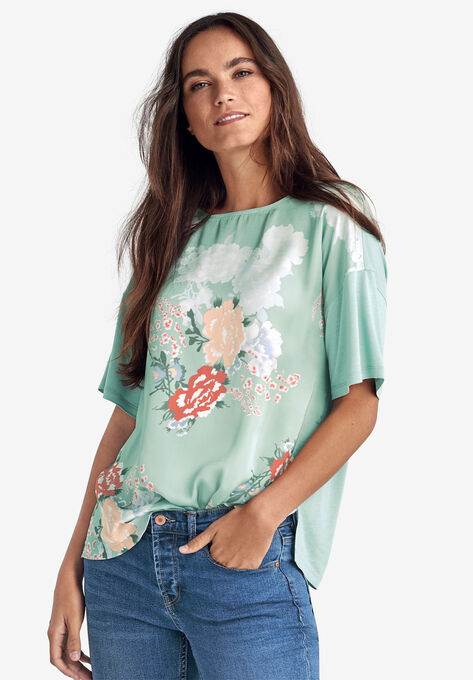 Satin-Front Tee, AQUATIC GREEN FLORAL, hi-res image number null