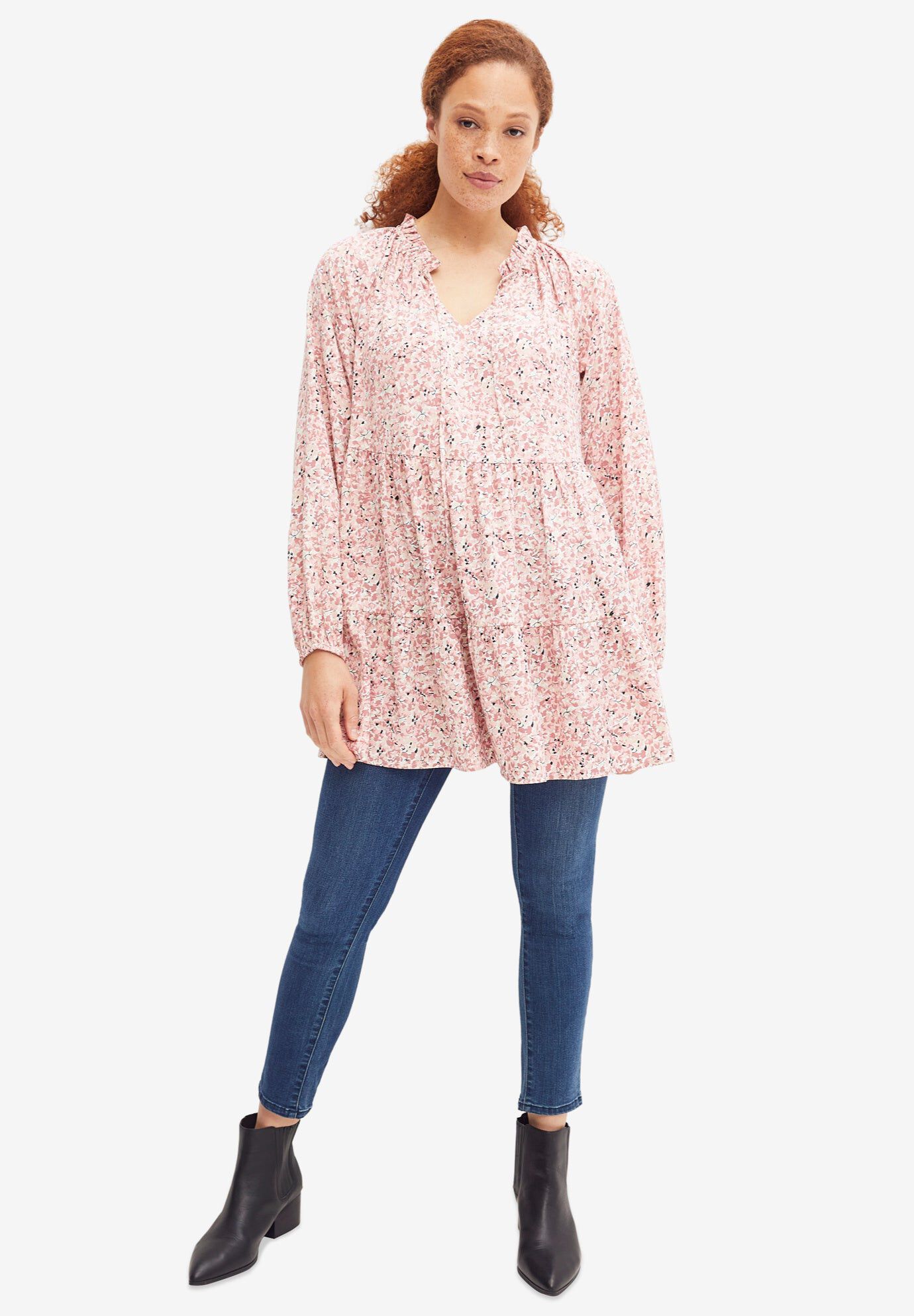 Ruffle-Neck Tiered Tunic, IVORY ROSE FLORAL, hi-res image number 0