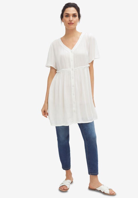 V-Neck Button-Front Crinkle Tunic, WHITE, hi-res image number null