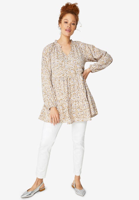 Ruffle-Neck Tiered Tunic, BEIGE LAVENDER FLORAL, hi-res image number null