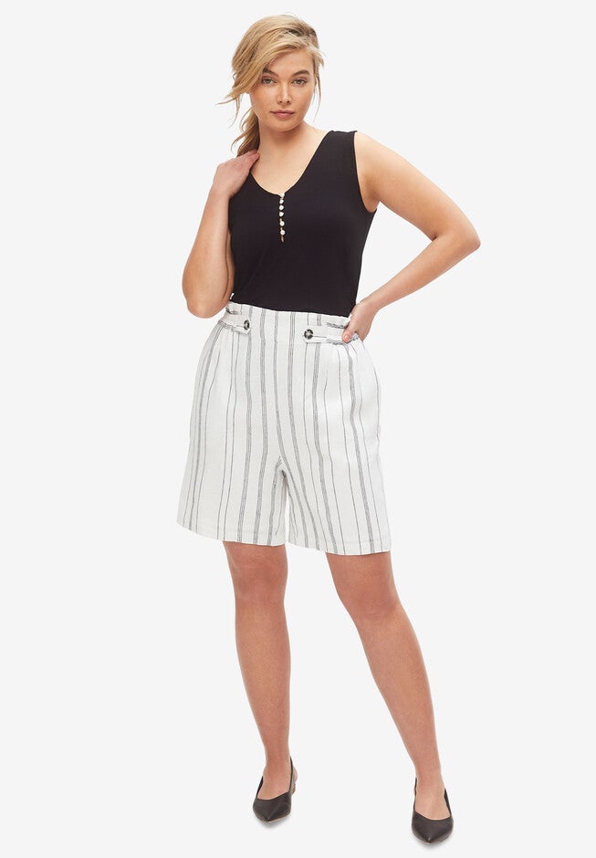 Striped Linen-Blend Shorts With Back Elastic, WHITE BLACK STRIPE, hi-res image number 0