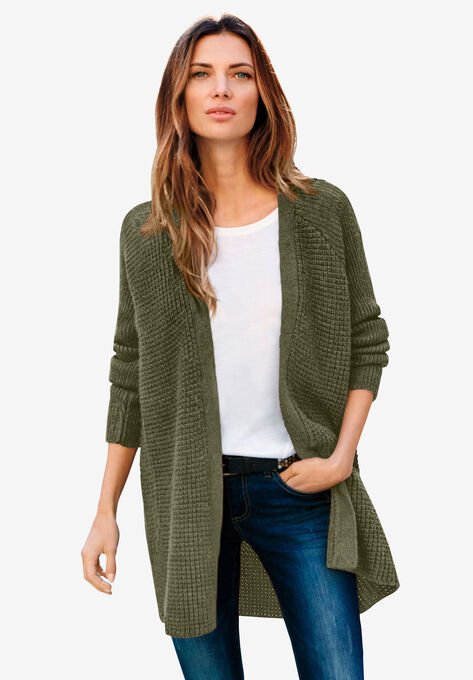 Open Front Waffle Cardigan, DARK OLIVE GREEN, hi-res image number null