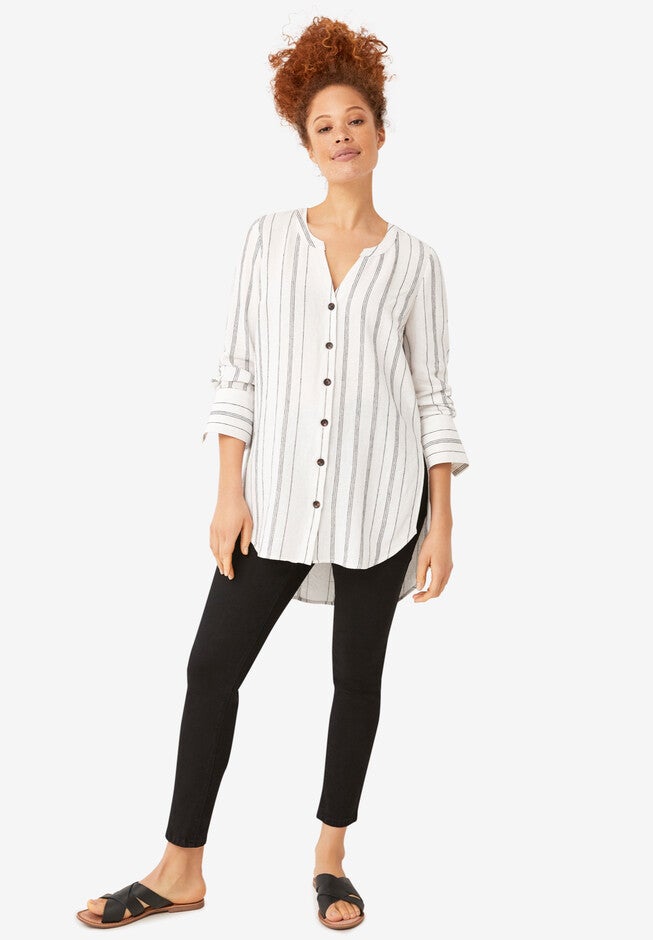 Striped Linen-Blend Tunic, WHITE BLACK STRIPE, hi-res image number null