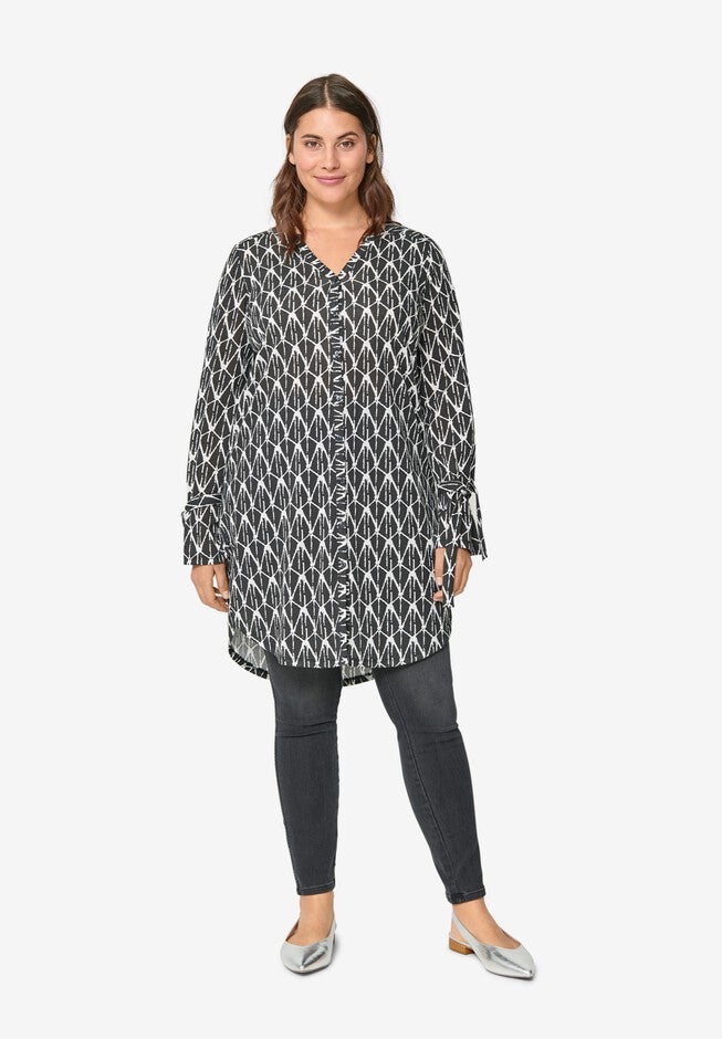 Tie-Sleeve Button-Front Tunic, BLACK SOFT ECRU, hi-res image number null