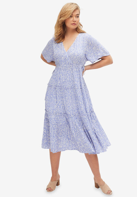 Tiered Midi Dress With Surplice Neckline, FRENCH BLUE DITSY FLORAL, hi-res image number null