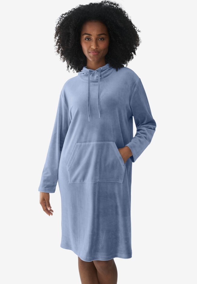 Hooded Velour Lounge Dress, PALE INDIGO, hi-res image number null