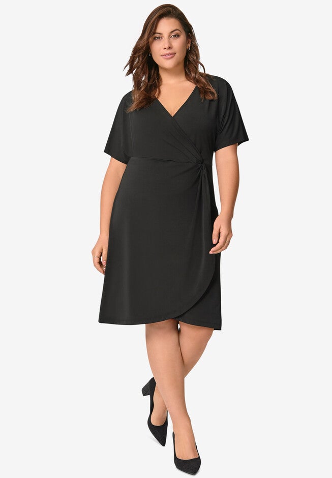 Side-Knot Faux Wrap Knit Dress, BLACK, hi-res image number 0