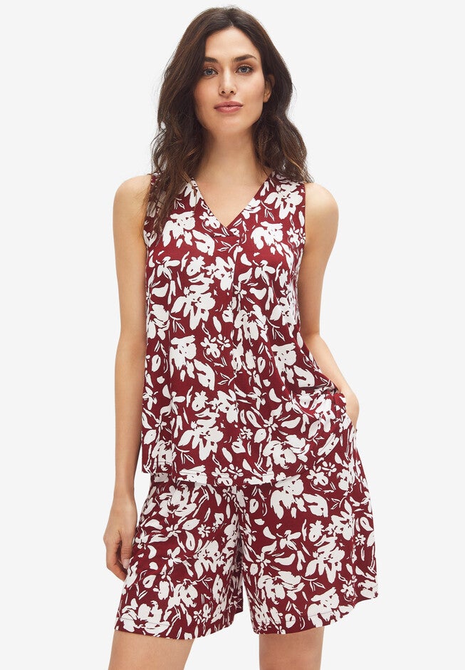 V-Neck Pleat Front Tank Top, FRESH POMEGRANATE PRINT, hi-res image number 0