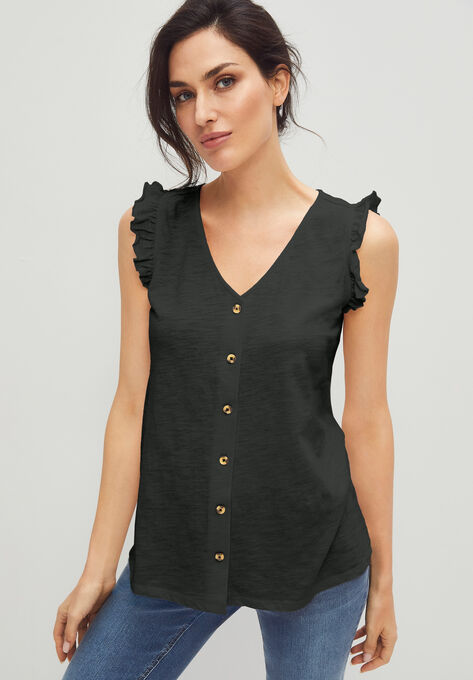 Button-Front Ruffle Sleeve Tank, , alternate image number null