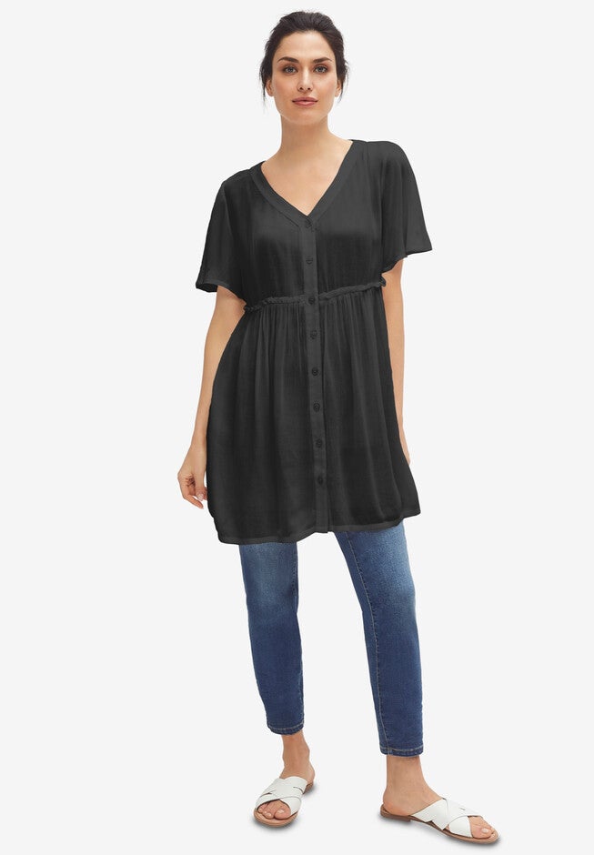 V-Neck Button-Front Crinkle Tunic, BLACK, hi-res image number 0