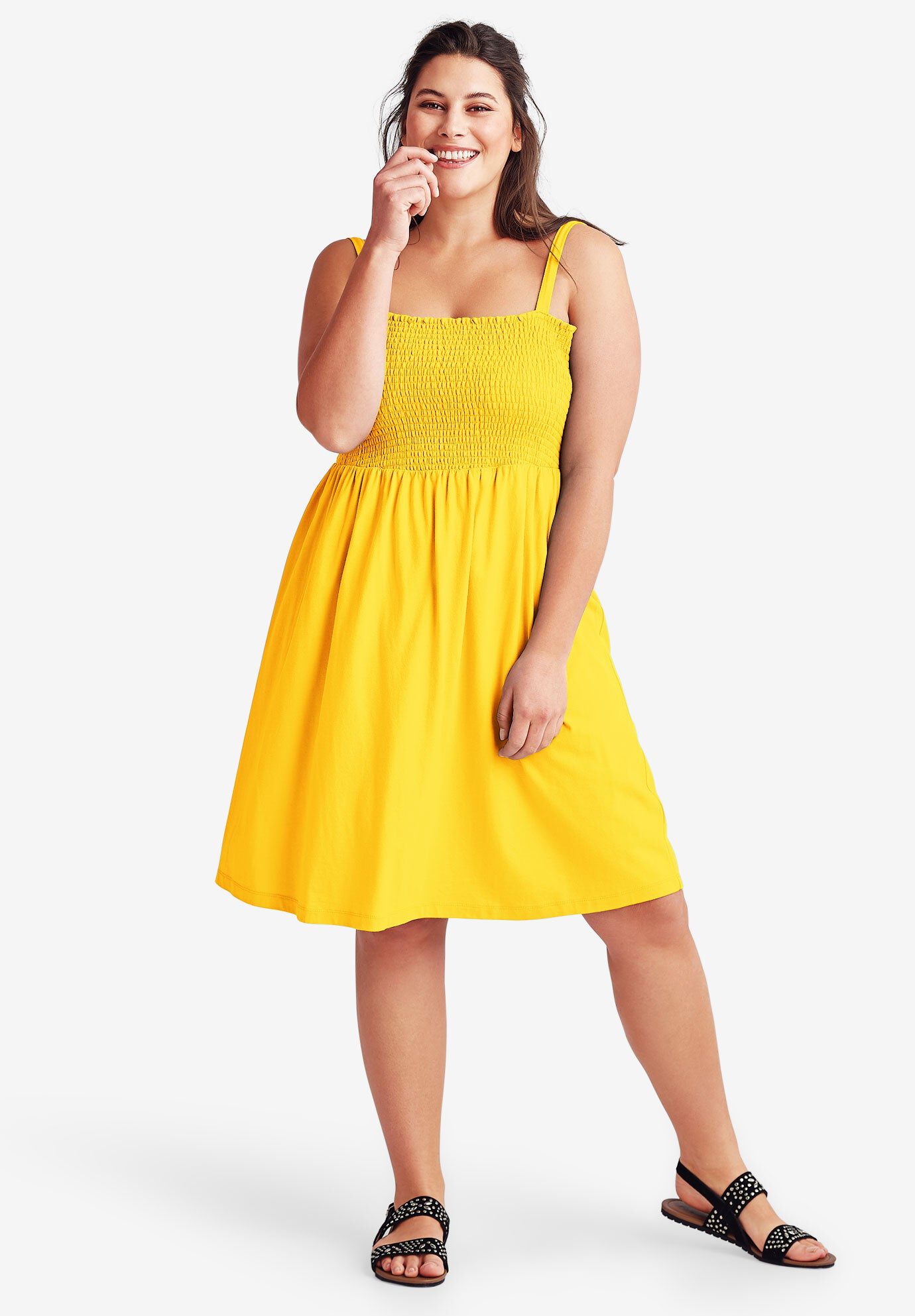 Smocked Bodice Tank Dress, PEPPER YELLOW, hi-res image number 0