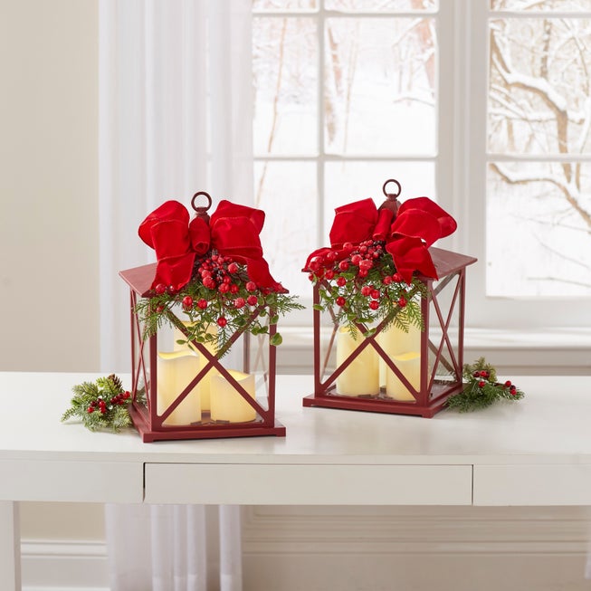 14"H Red Christmas Lantern with LED Candles image number 0