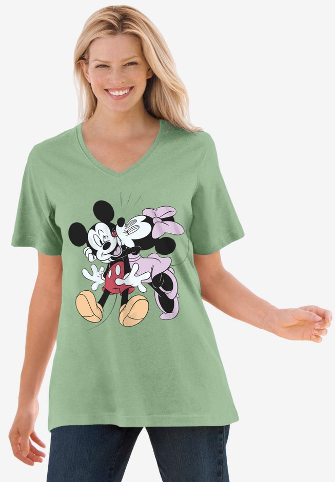 Disney Short Sleeve V-neck Tee Sage Mickey Minnie image number 0