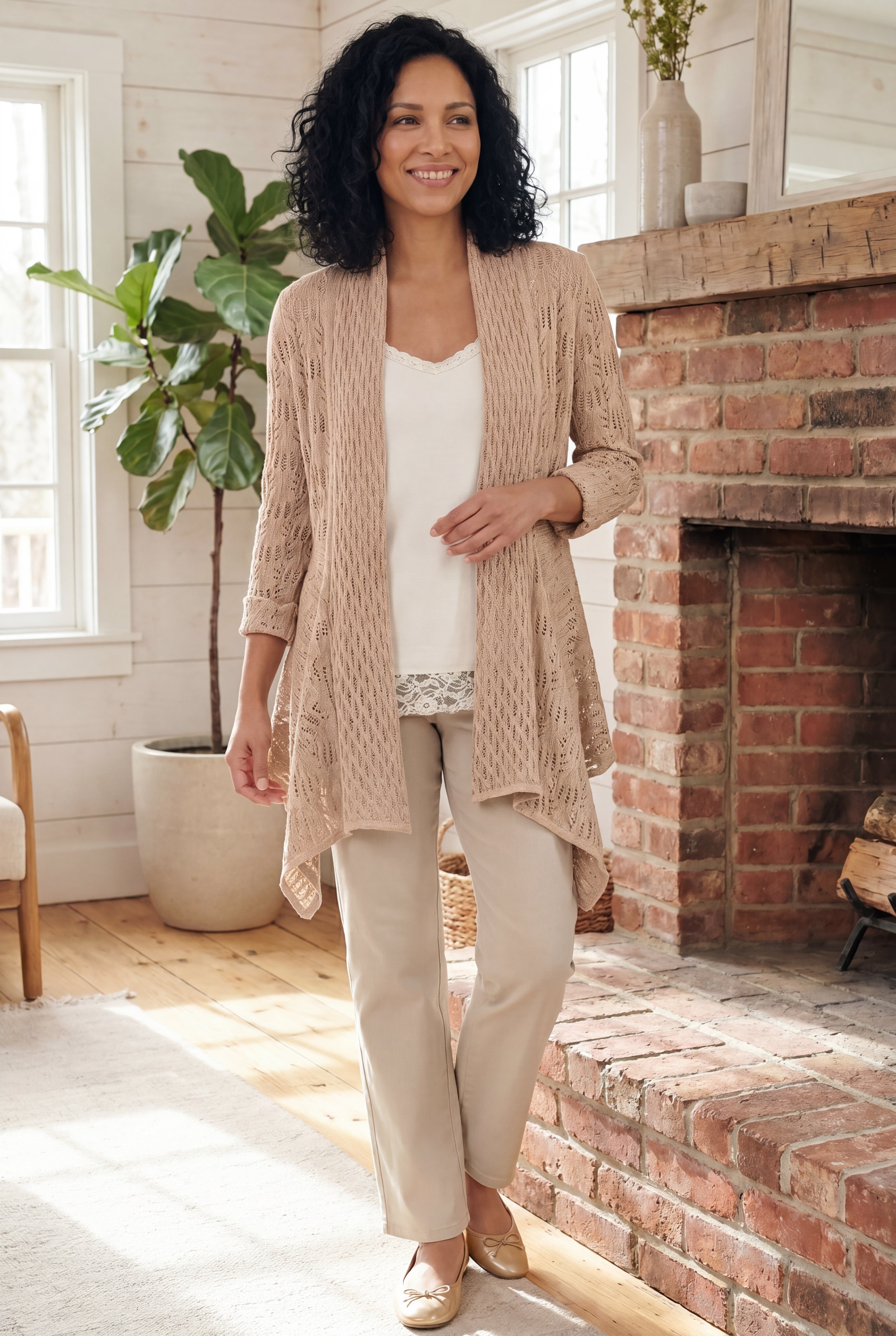 Open Front Pointelle Cardigan Sweater image number 0