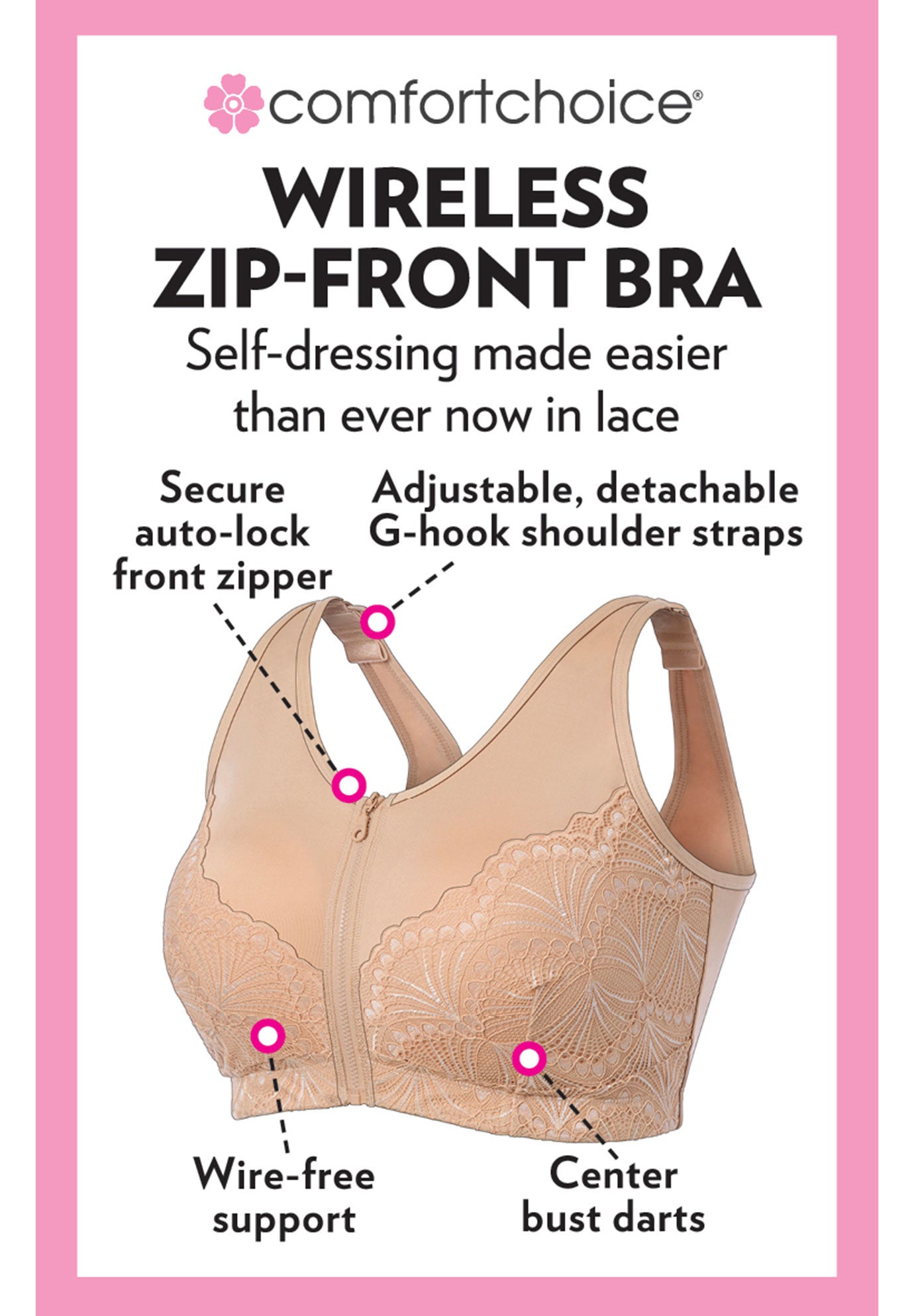 Comfort Choice&reg; Zip-Front Lace Lounge Bra image number 1