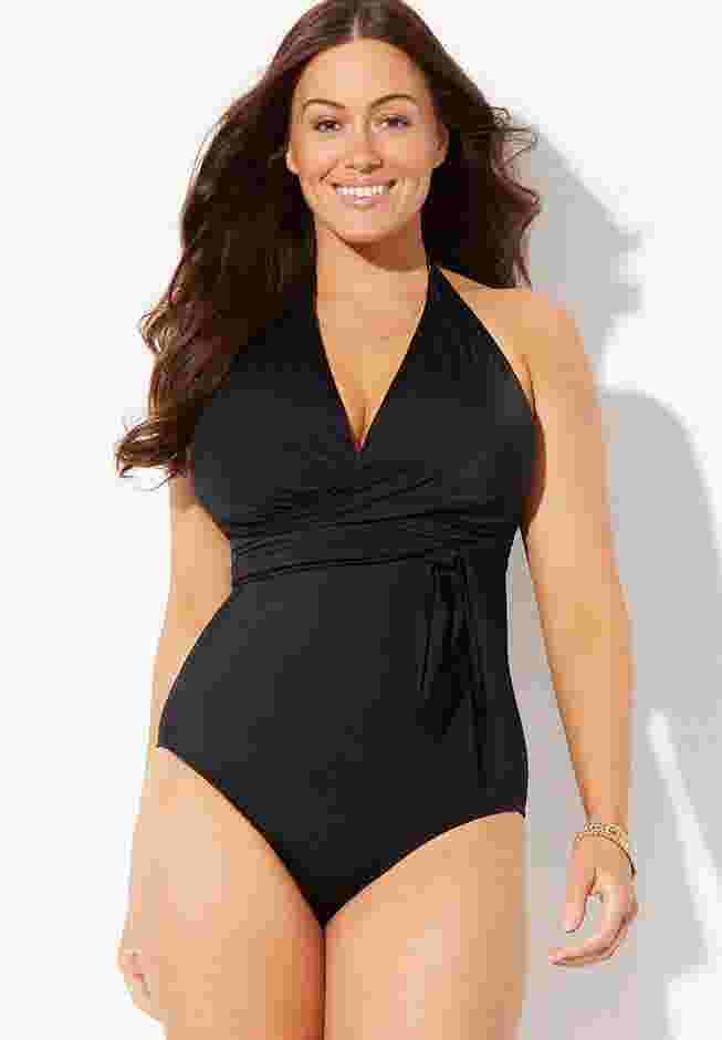 Faux Wrap Halter One Piece Swimsuit image number 2