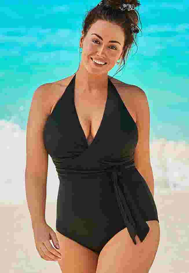 Faux Wrap Halter One Piece Swimsuit image number 3