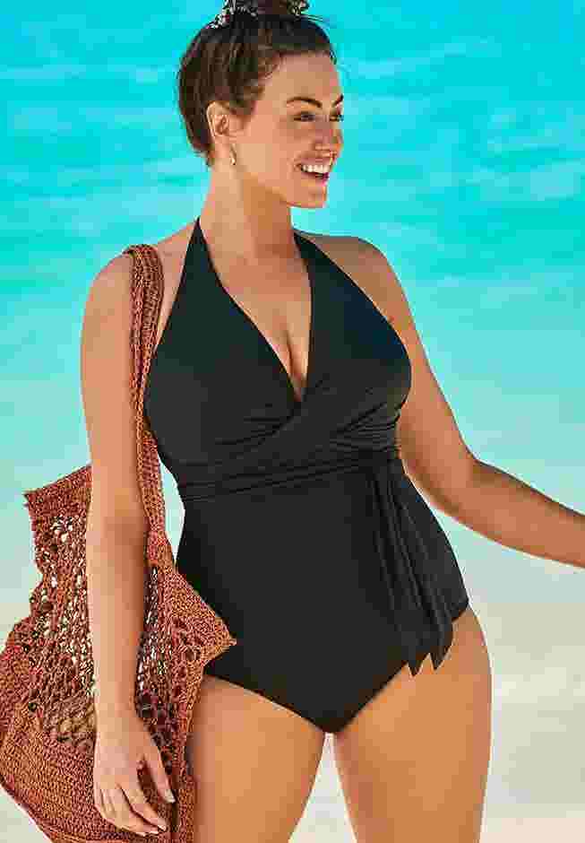 Faux Wrap Halter One Piece Swimsuit image number 0