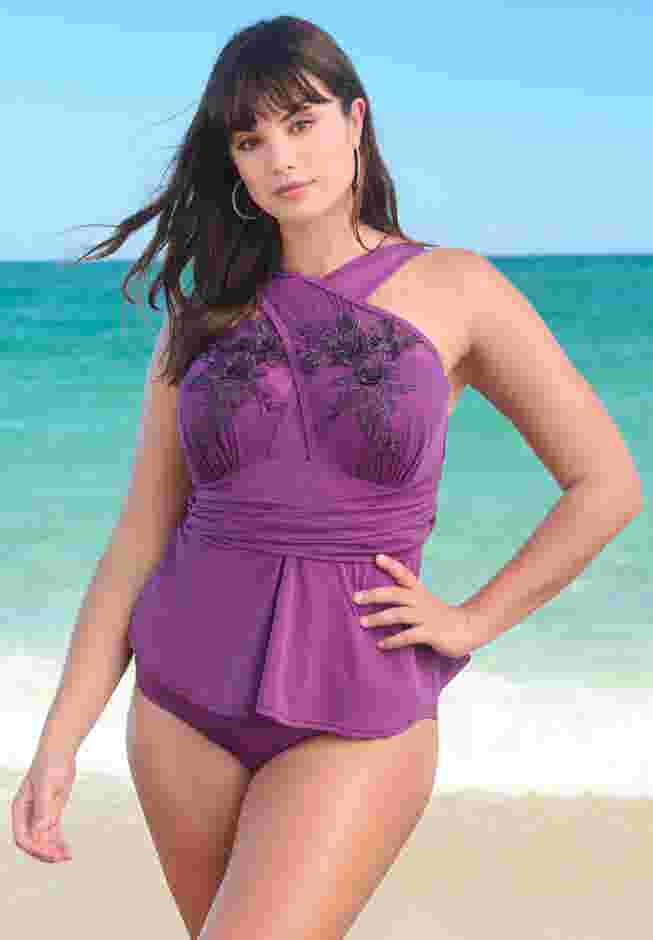 Lace-Appliquéd High-Neck Tankini image number 0