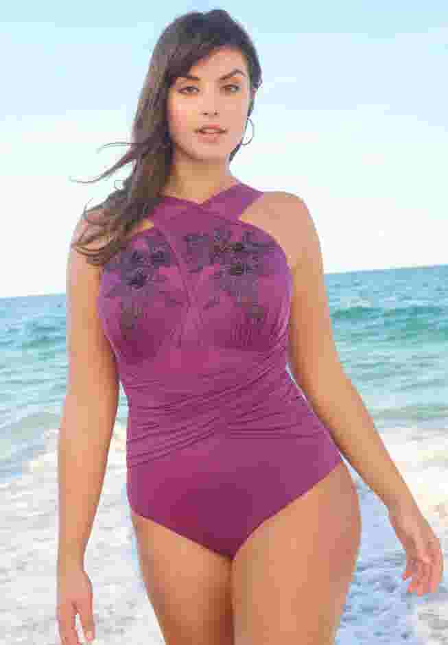 Lace-Appliquéd High-Neck One Piece image number 0