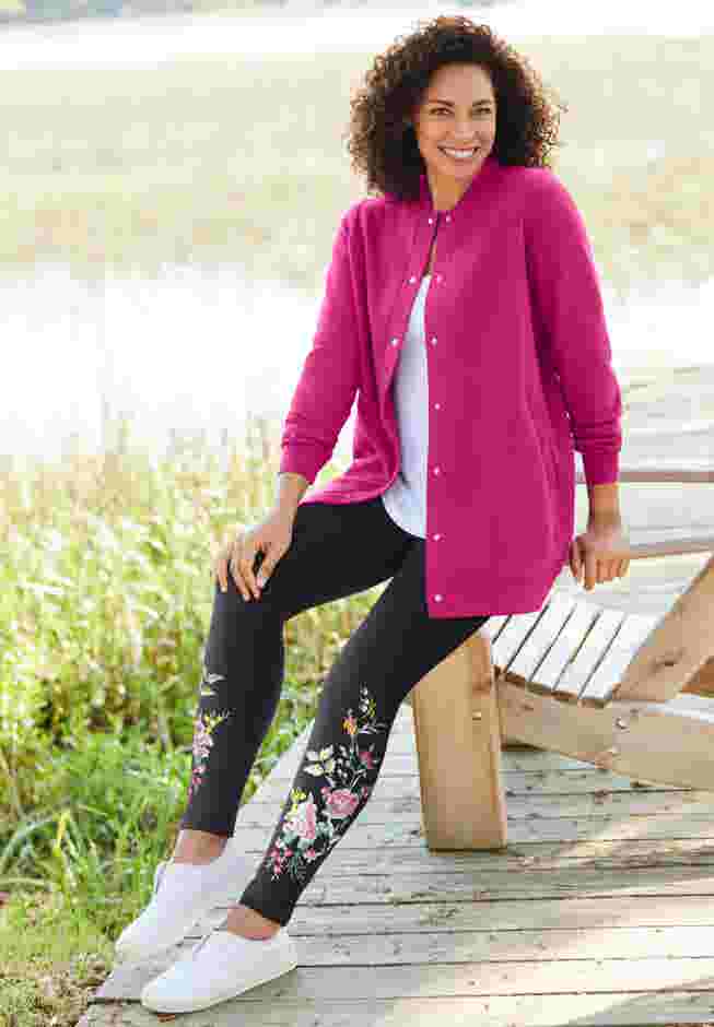 Women’s Plus-Size Stretch-Cotton Knit Pull-On Embroidered Leggings image number 0