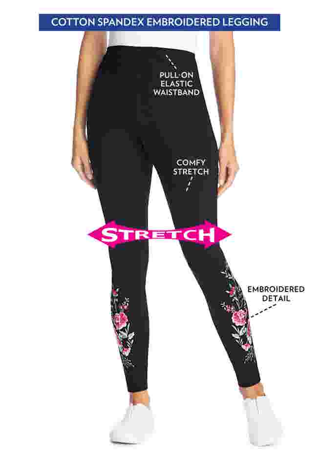 Women’s Plus-Size Stretch-Cotton Knit Pull-On Embroidered Leggings image number 1