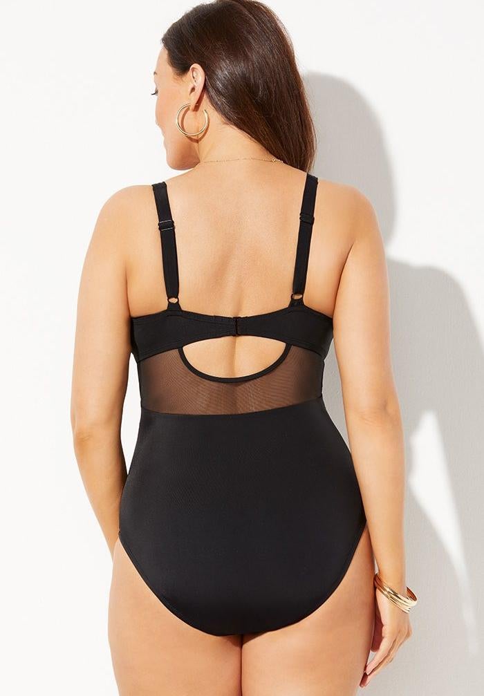 sheer over one-piece（black） Swimsuits For All Women's Cut Out Mesh Underwire One Piece