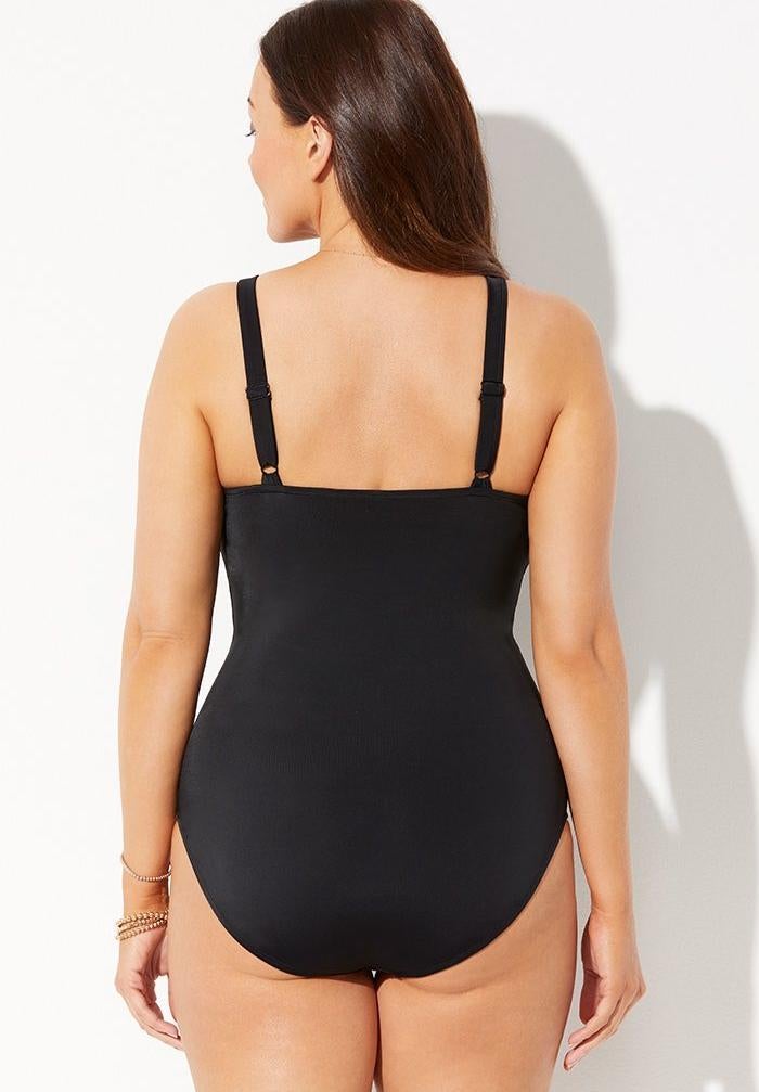 【THE MOZZ】Bis Check Shirring One-Piece One-Piece Swimsuit with Fringes and Faded Stripes Blue