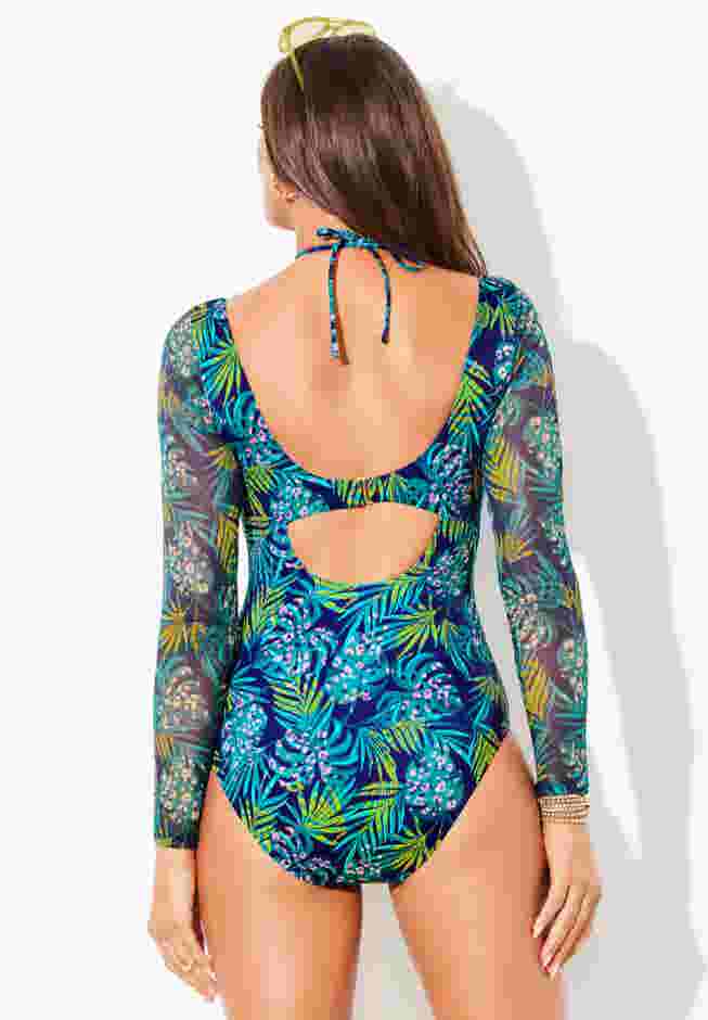 Mesh Sleeve Halter One-Piece Swimsuit image number 1