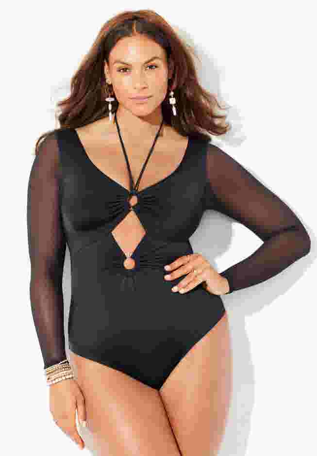 Mesh Sleeve Halter One-Piece Swimsuit image number 4