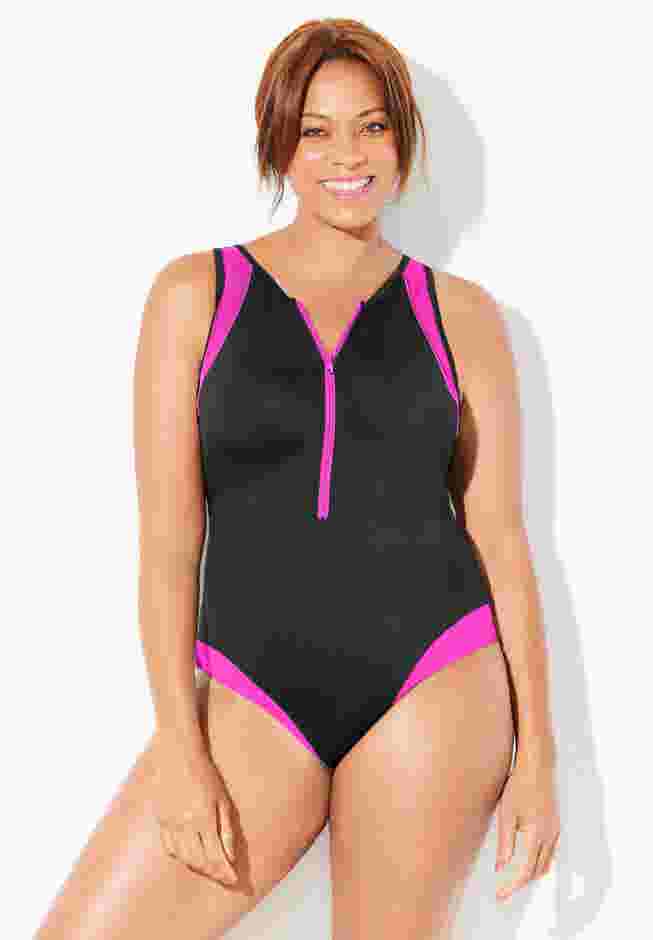Zip-Front High Neck Chlorine Resistant One Piece Swimsuit image number 3