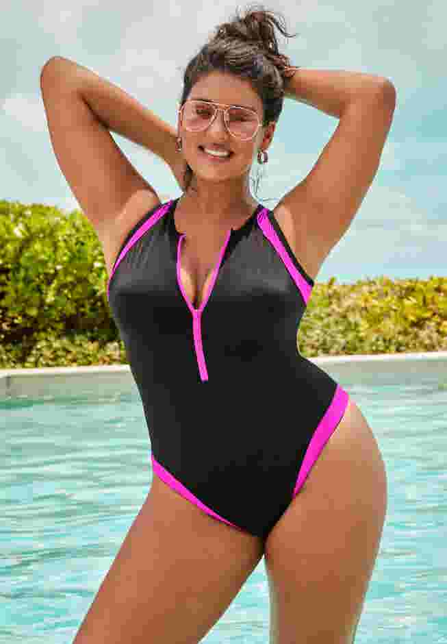 Zip-Front High Neck Chlorine Resistant One Piece Swimsuit image number 0