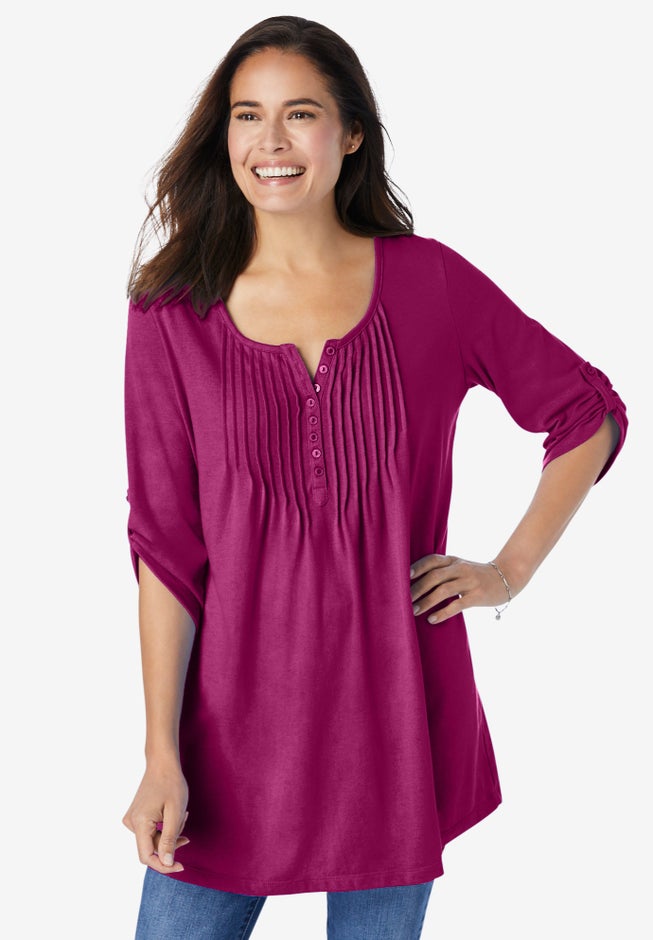 7-Day Three-Quarter Sleeve Pintucked Henley Tunic image number 5