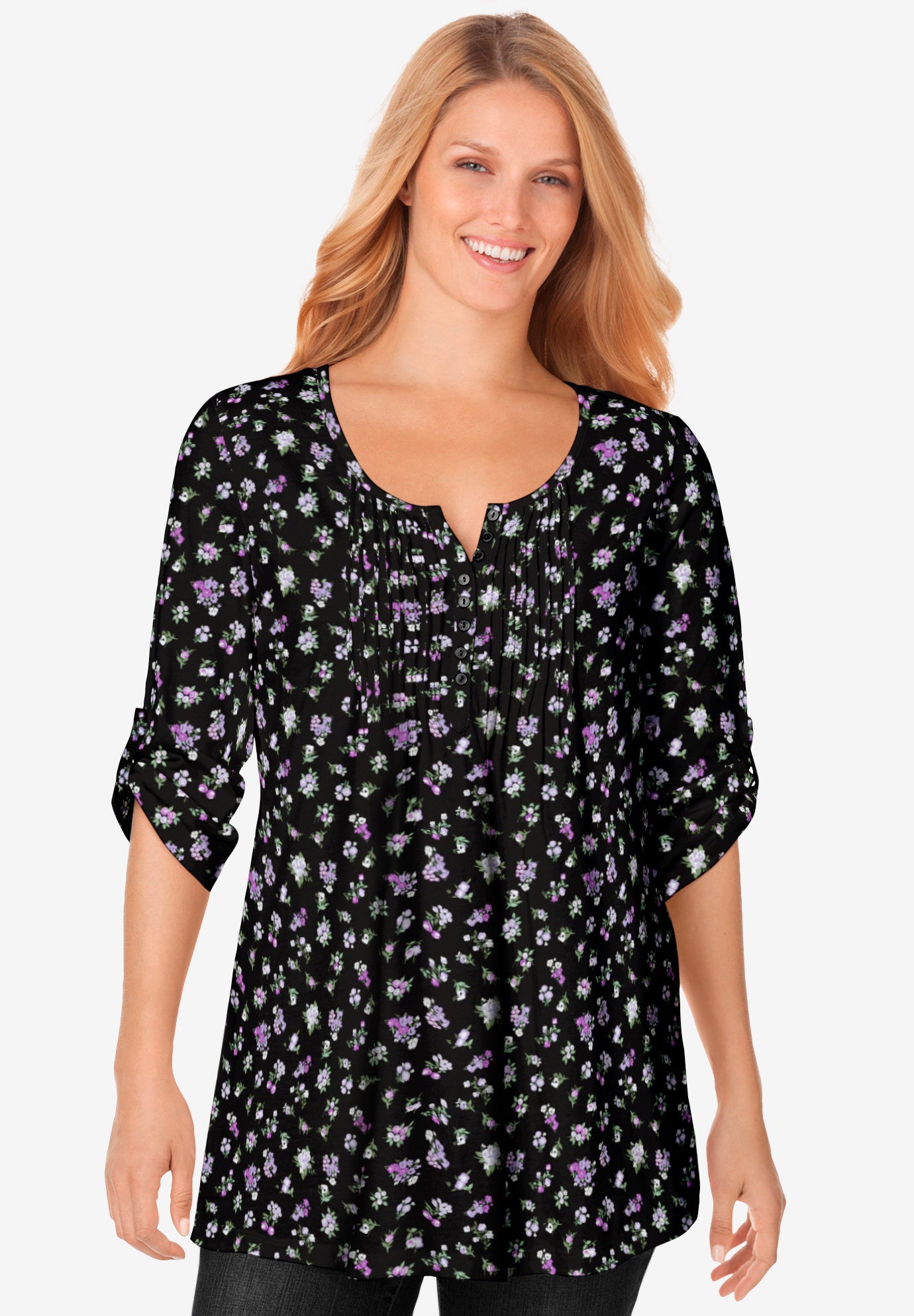 7-Day Three-Quarter Sleeve Pintucked Henley Tunic image number 0