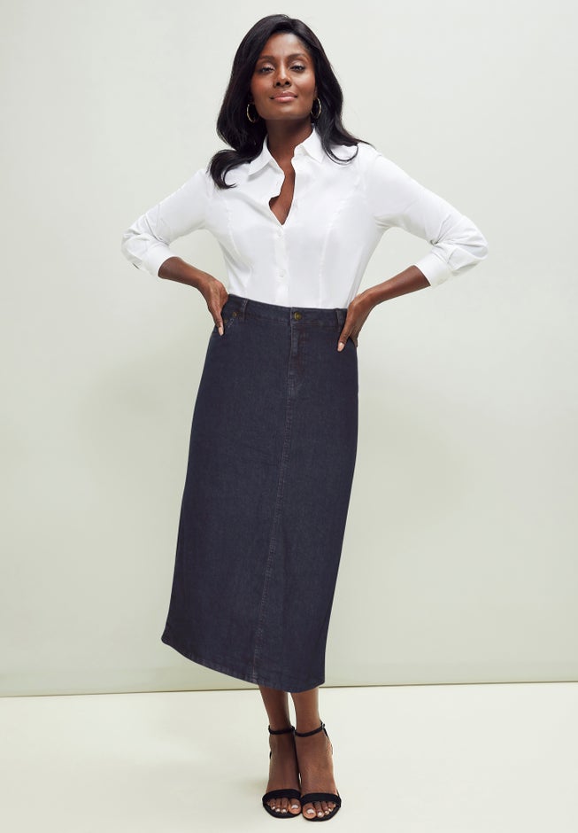 True Fit Stretch Denim Midi Skirt image number 1