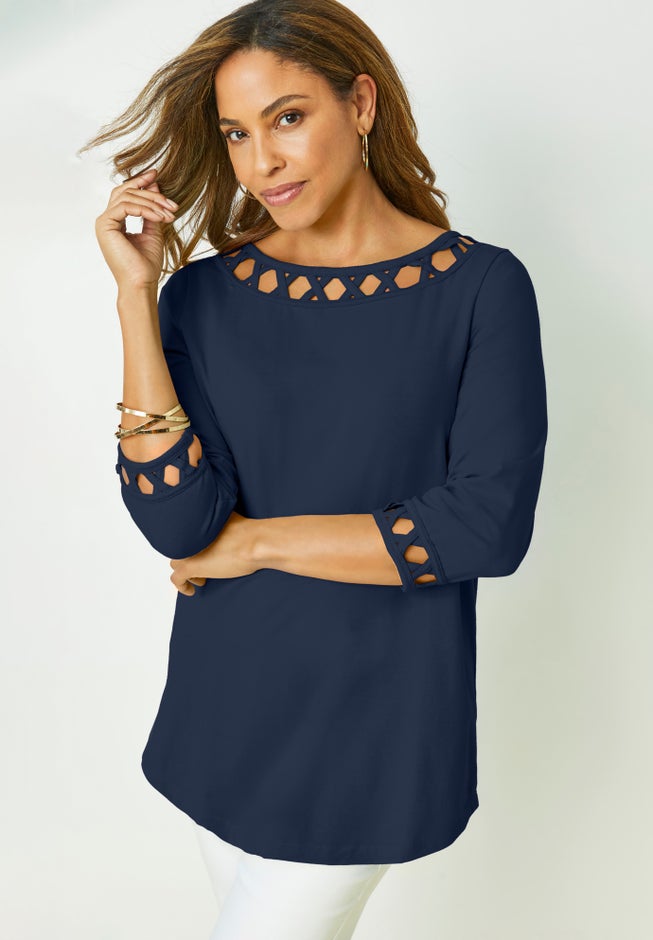 Stretch Cotton Lattice Boatneck Tunic image number 0