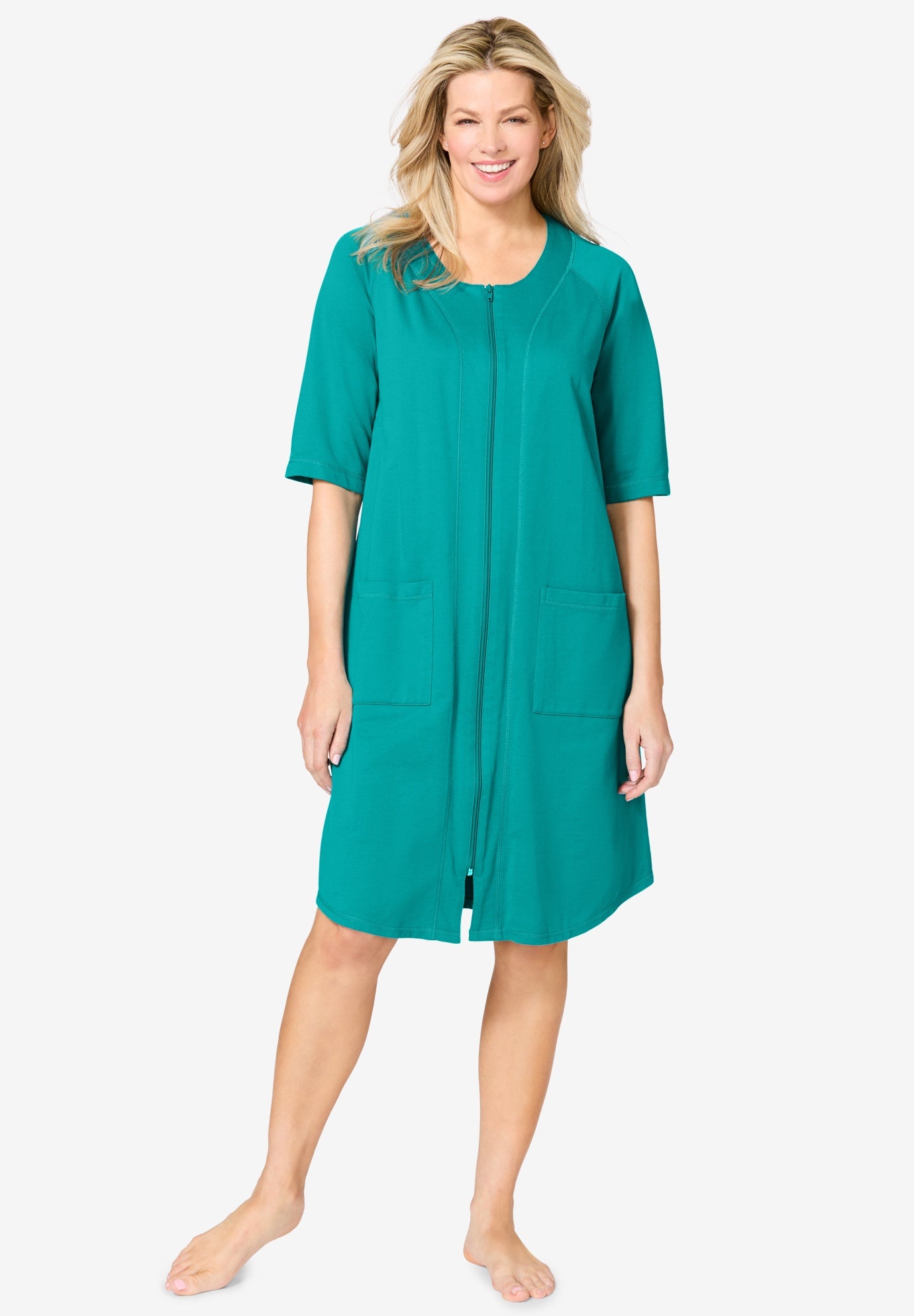Everyday Short French Terry Zip-Front Robe, Aquamarine