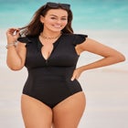 High Neck Zipper Cap Sleeve One Piece Swimsuit image number null