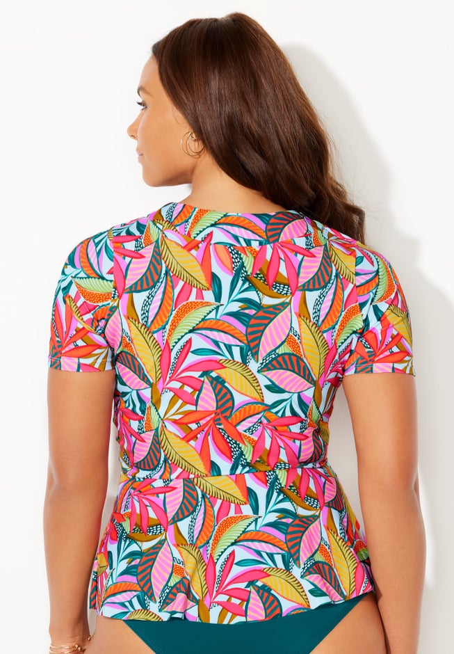 Flattering Short Sleeve Faux Wrap Tankini Top, Watercolor Burst