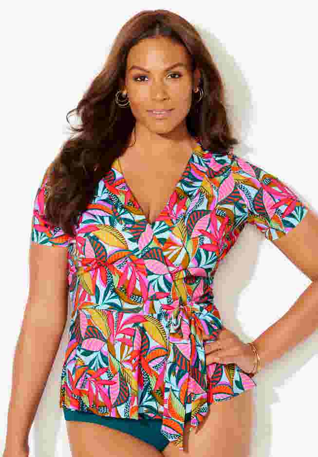 Short Sleeve Faux Wrap Tankini Top image number 3