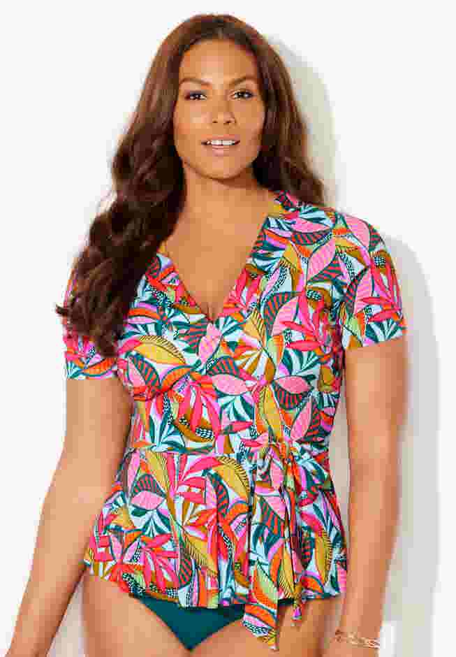 Short Sleeve Faux Wrap Tankini Top image number 4