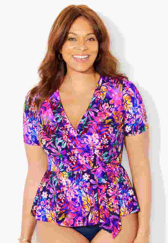 Short Sleeve Faux Wrap Tankini Top image number 0